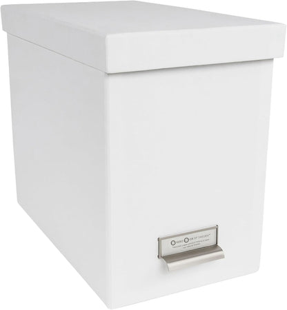 John Fiberboard Label Frame Desktop File Storage Box - Document Organizer for Important Paperwork - Durable Hanging File Box with a Lid & Metal Label Window - 7.36 x 13.38 x 10.51 in - White