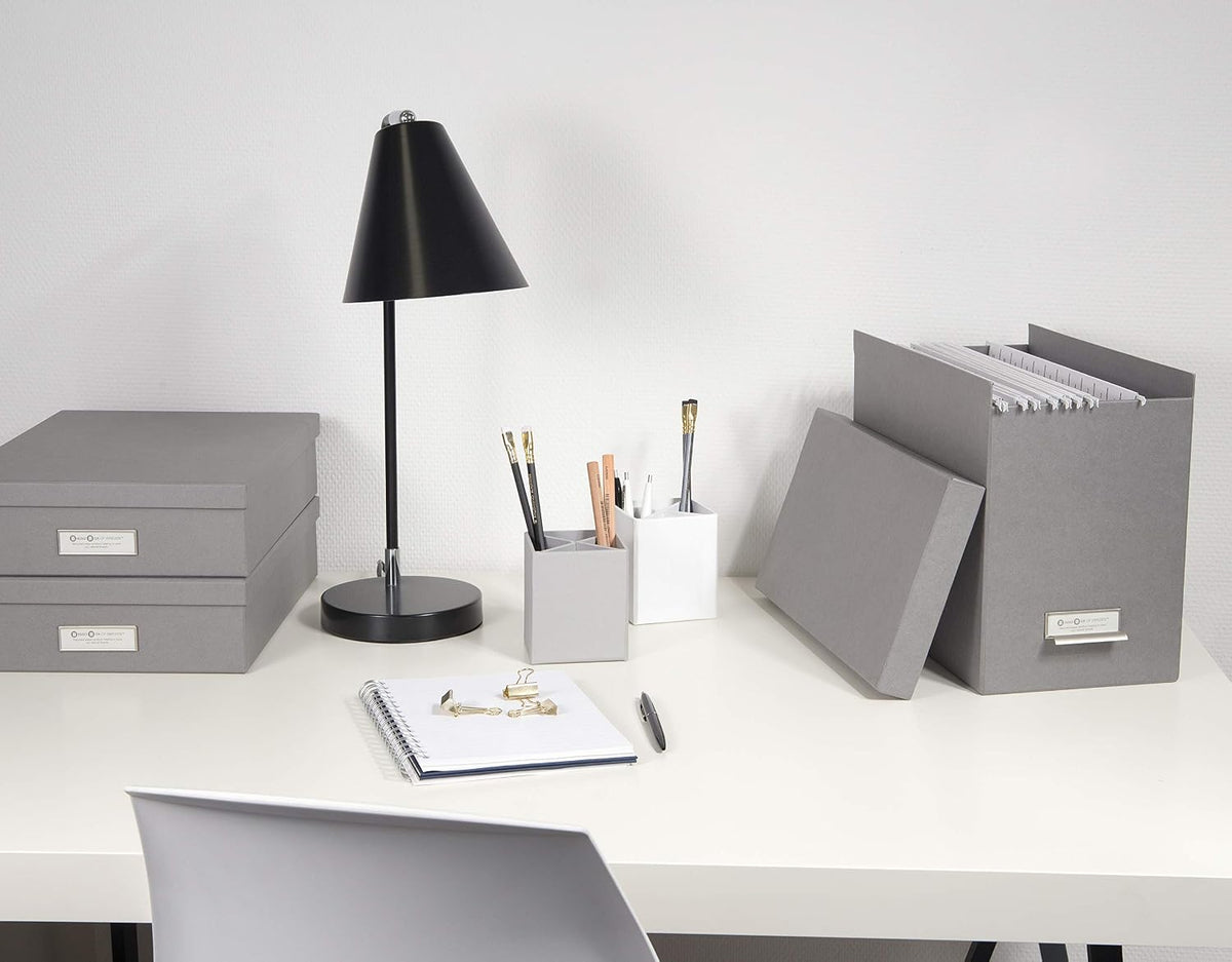 John Fiberboard Label Frame Desktop File Storage Box - Document Organizer for Important Paperwork - Durable Hanging File Box with a Lid & Metal Label Window - 7.36 x 13.38 x 10.51 in - White