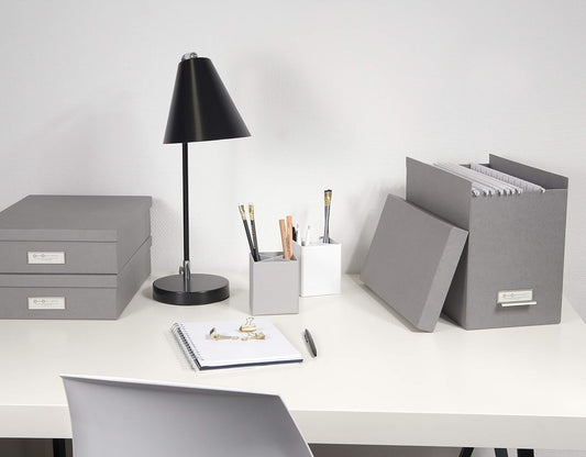 John Fiberboard Label Frame Desktop File Storage Box - Document Organizer for Important Paperwork - Durable Hanging File Box with a Lid & Metal Label Window - 7.36 x 13.38 x 10.51 in - White