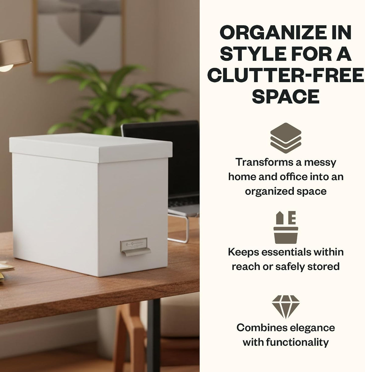 John Fiberboard Label Frame Desktop File Storage Box - Document Organizer for Important Paperwork - Durable Hanging File Box with a Lid & Metal Label Window - 7.36 x 13.38 x 10.51 in - White