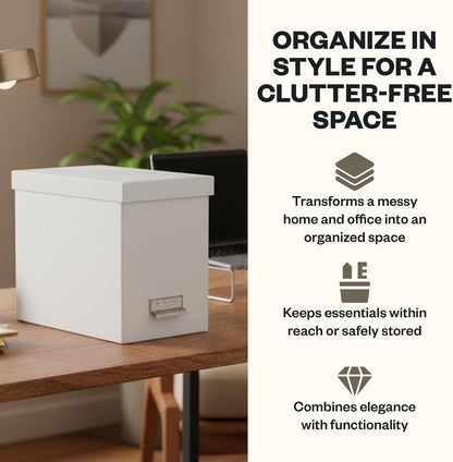 John Fiberboard Label Frame Desktop File Storage Box - Document Organizer for Important Paperwork - Durable Hanging File Box with a Lid & Metal Label Window - 7.36 x 13.38 x 10.51 in - White