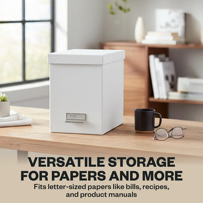 John Fiberboard Label Frame Desktop File Storage Box - Document Organizer for Important Paperwork - Durable Hanging File Box with a Lid & Metal Label Window - 7.36 x 13.38 x 10.51 in - White