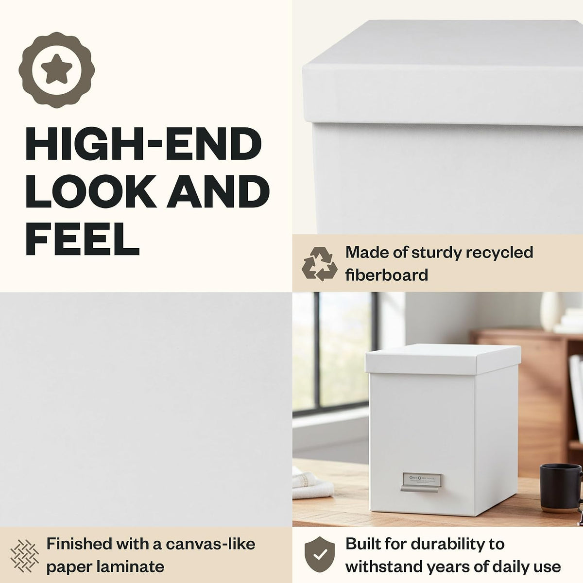 John Fiberboard Label Frame Desktop File Storage Box - Document Organizer for Important Paperwork - Durable Hanging File Box with a Lid & Metal Label Window - 7.36 x 13.38 x 10.51 in - White