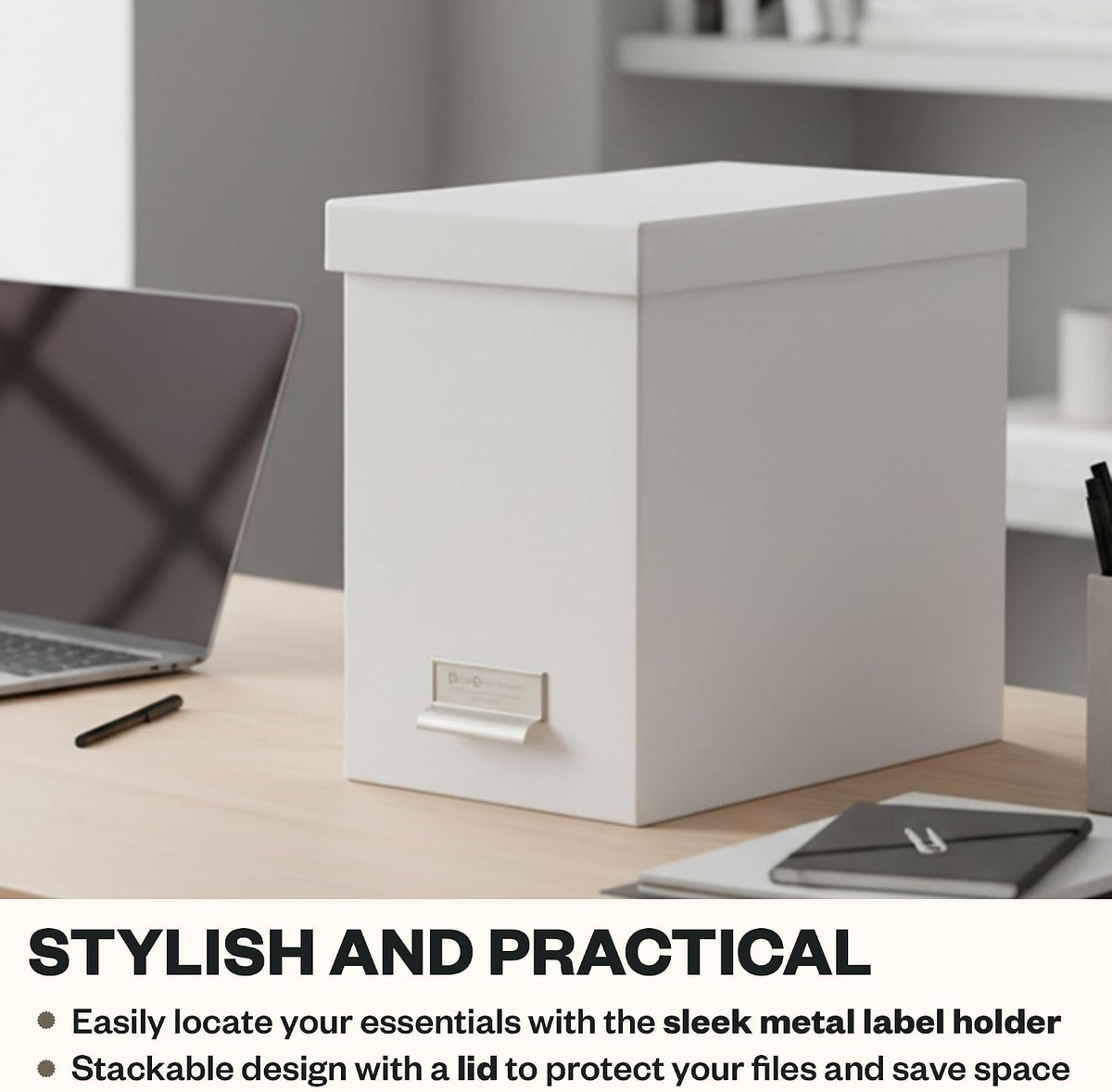 John Fiberboard Label Frame Desktop File Storage Box - Document Organizer for Important Paperwork - Durable Hanging File Box with a Lid & Metal Label Window - 7.36 x 13.38 x 10.51 in - White