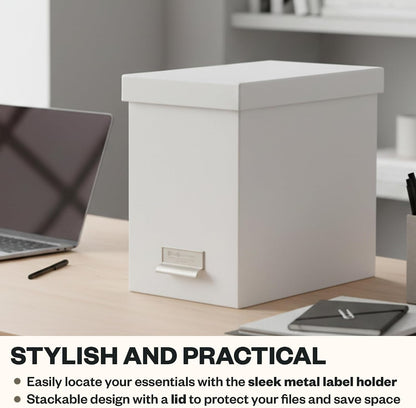 John Fiberboard Label Frame Desktop File Storage Box - Document Organizer for Important Paperwork - Durable Hanging File Box with a Lid & Metal Label Window - 7.36 x 13.38 x 10.51 in - White