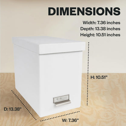 John Fiberboard Label Frame Desktop File Storage Box - Document Organizer for Important Paperwork - Durable Hanging File Box with a Lid & Metal Label Window - 7.36 x 13.38 x 10.51 in - White
