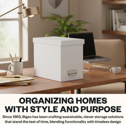 John Fiberboard Label Frame Desktop File Storage Box - Document Organizer for Important Paperwork - Durable Hanging File Box with a Lid & Metal Label Window - 7.36 x 13.38 x 10.51 in - White