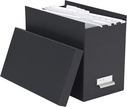 John Fiberboard Label Frame Desktop File Storage Box - Document Organizer for Important Paperwork - Durable Hanging File Box with a Lid & Metal Label Window - 7.36 x 13.38 x 10.51 in - White