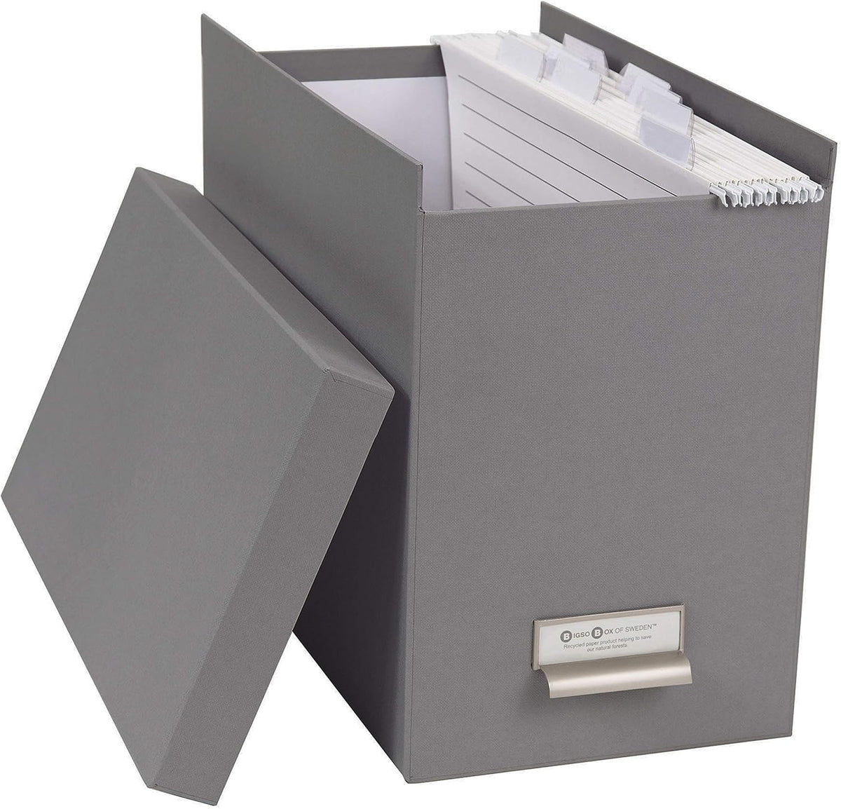 John Fiberboard Label Frame Desktop File Storage Box - Document Organizer for Important Paperwork - Durable Hanging File Box with a Lid & Metal Label Window - 7.36 x 13.38 x 10.51 in - White
