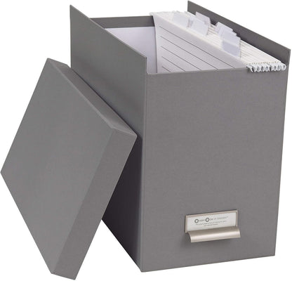 John Fiberboard Label Frame Desktop File Storage Box - Document Organizer for Important Paperwork - Durable Hanging File Box with a Lid & Metal Label Window - 7.36 x 13.38 x 10.51 in - White
