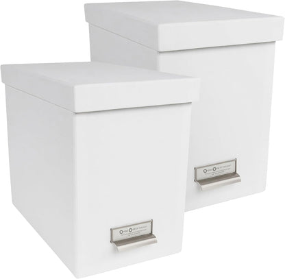 John Fiberboard Label Frame Desktop File Storage Box - Document Organizer for Important Paperwork - Durable Hanging File Box with a Lid & Metal Label Window - 7.36 x 13.38 x 10.51 in - White