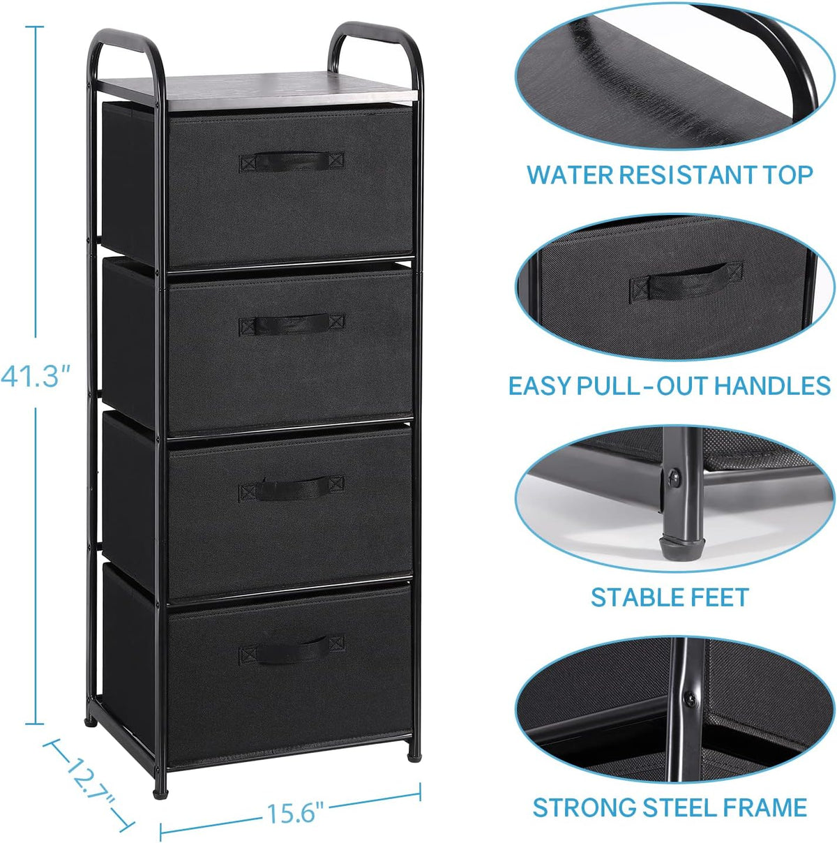 Dresser Storage with 3 Drawers, Fabric Dresser Tower, Vertical Storage Unit for Bedroom, Closet, Office, Black