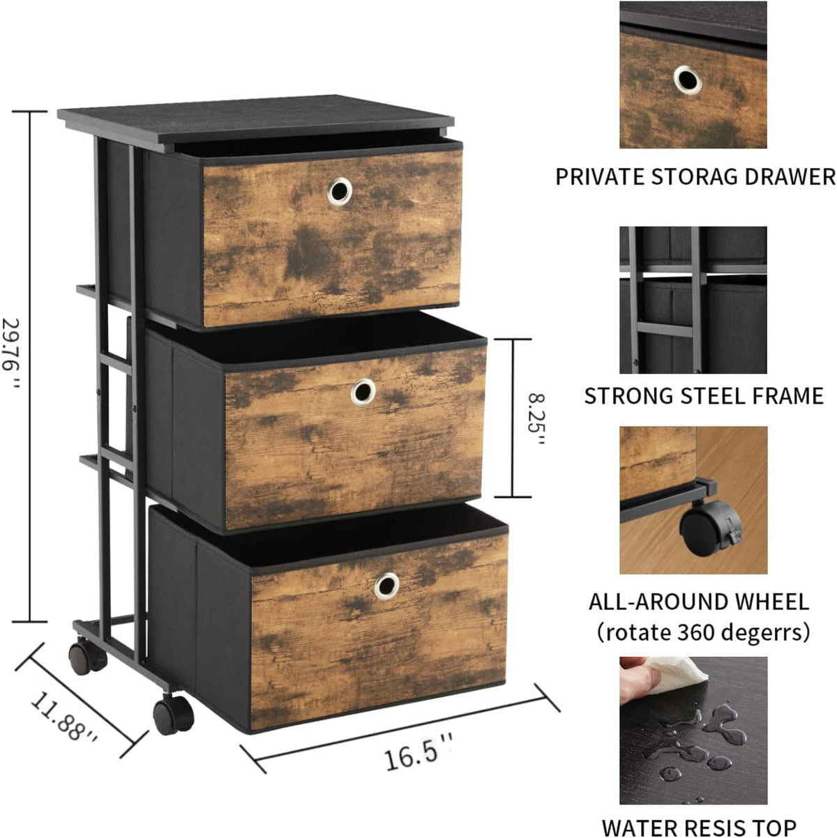 Dresser Storage with 3 Drawers, Fabric Dresser Tower, Vertical Storage Unit for Bedroom, Closet, Office, Black