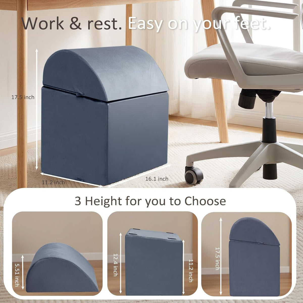 Foot Rest Under Desk, Non-Slip Footrest with 3 Adjustable Heights for Under Desk at Work, Ergonomic Desk Foot Stool with Washable Cover for Leg Rest, Desk, Home, Office, Chair (Grey)