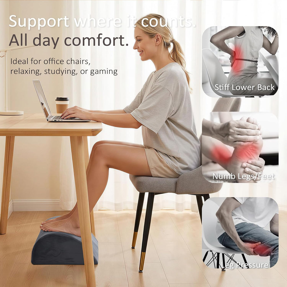 Foot Rest Under Desk, Non-Slip Footrest with 3 Adjustable Heights for Under Desk at Work, Ergonomic Desk Foot Stool with Washable Cover for Leg Rest, Desk, Home, Office, Chair (Grey)