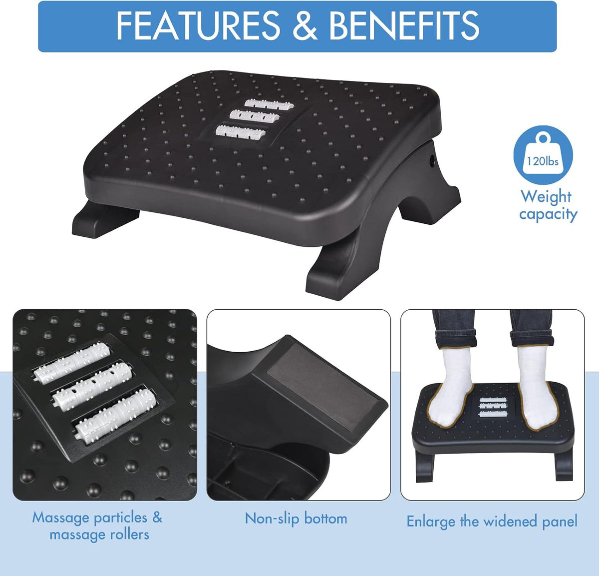Under Desk Footrest,Ergonomic Footrest with Massage Rollers for Home Office
