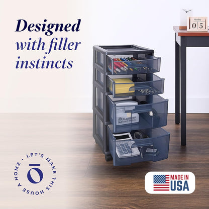Drawer Tower, 4-Tier Storage Cart with Removable Wheels, Black Frame
