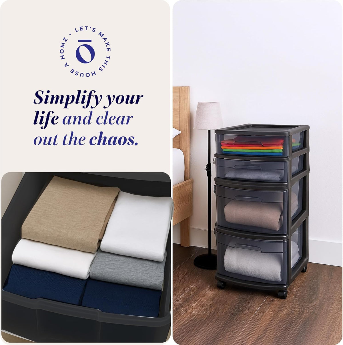 Drawer Tower, 4-Tier Storage Cart with Removable Wheels, Black Frame