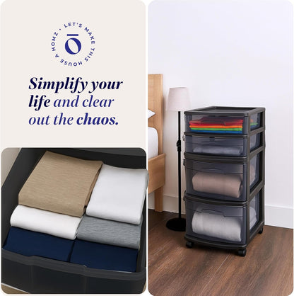 Drawer Tower, 4-Tier Storage Cart with Removable Wheels, Black Frame