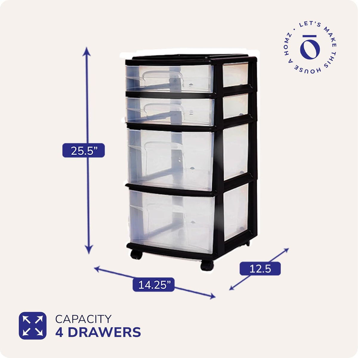 Drawer Tower, 4-Tier Storage Cart with Removable Wheels, Black Frame