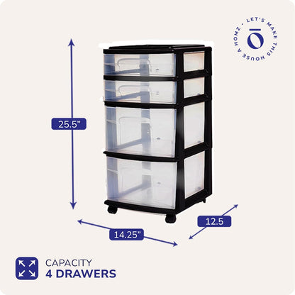 Drawer Tower, 4-Tier Storage Cart with Removable Wheels, Black Frame