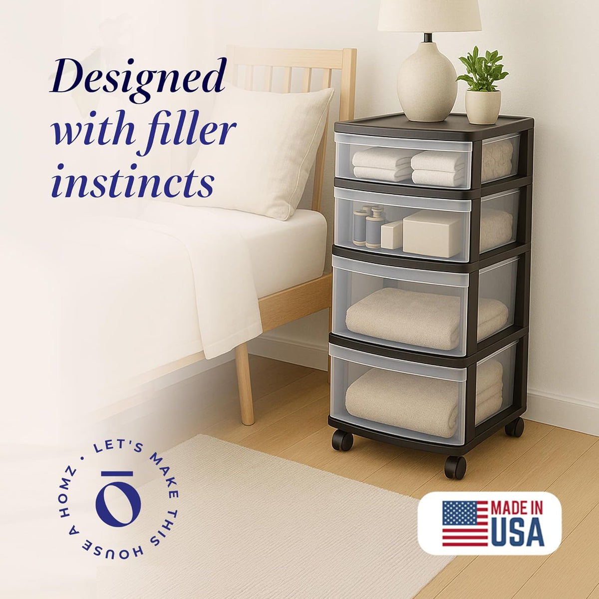 Drawer Tower, 4-Tier Storage Cart with Removable Wheels, Black Frame