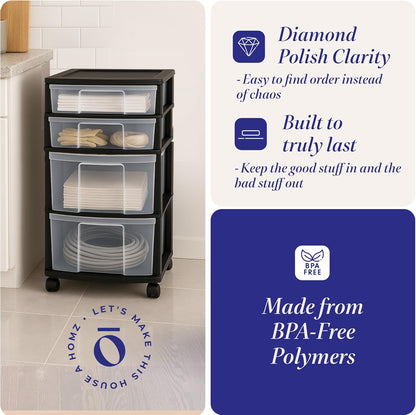 Drawer Tower, 4-Tier Storage Cart with Removable Wheels, Black Frame