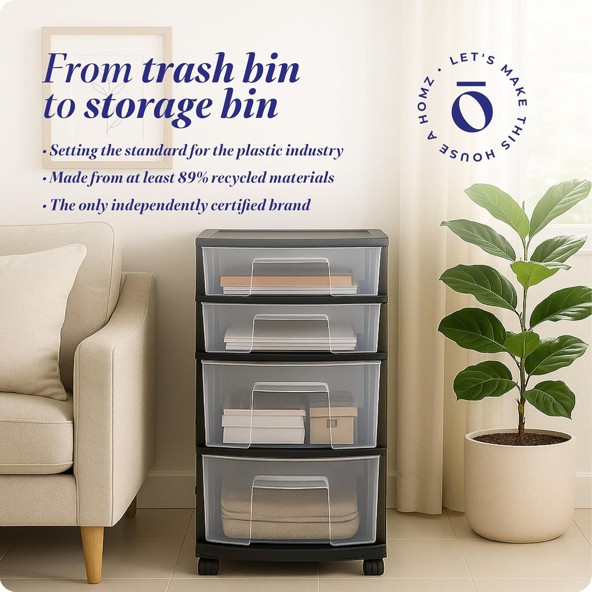 Drawer Tower, 4-Tier Storage Cart with Removable Wheels, Black Frame