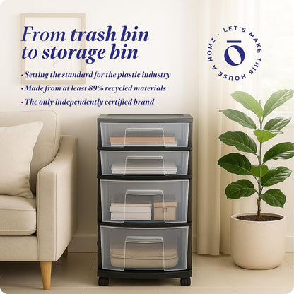 Drawer Tower, 4-Tier Storage Cart with Removable Wheels, Black Frame