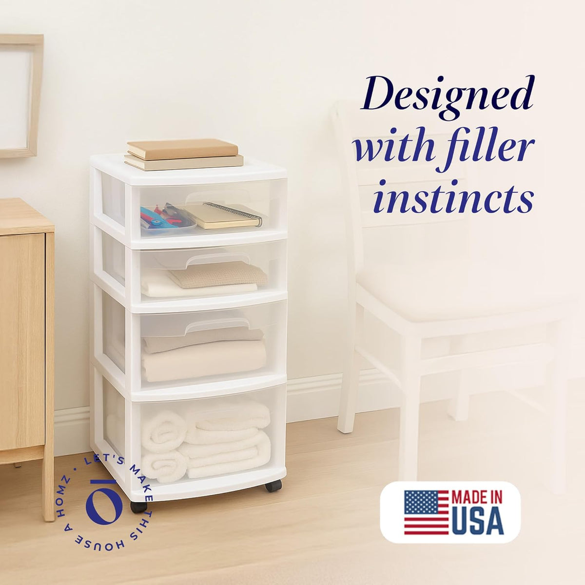 Drawer Tower, 4-Tier Storage Cart with Removable Wheels, Black Frame