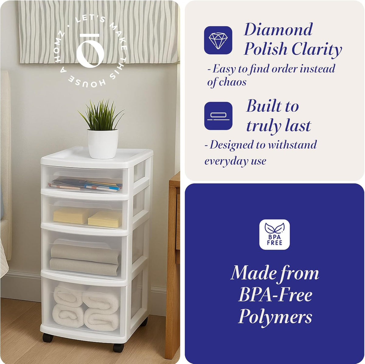 Drawer Tower, 4-Tier Storage Cart with Removable Wheels, Black Frame