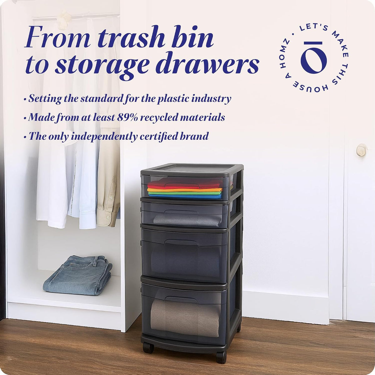 Drawer Tower, 4-Tier Storage Cart with Removable Wheels, Black Frame