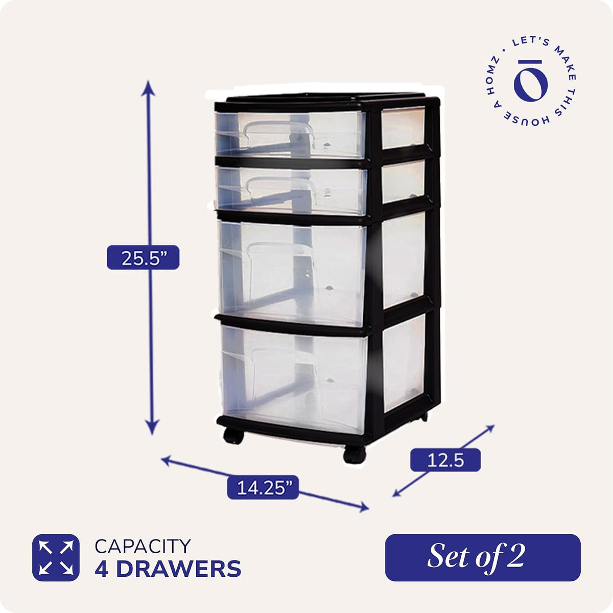 Drawer Tower, 4-Tier Storage Cart with Removable Wheels, Black Frame