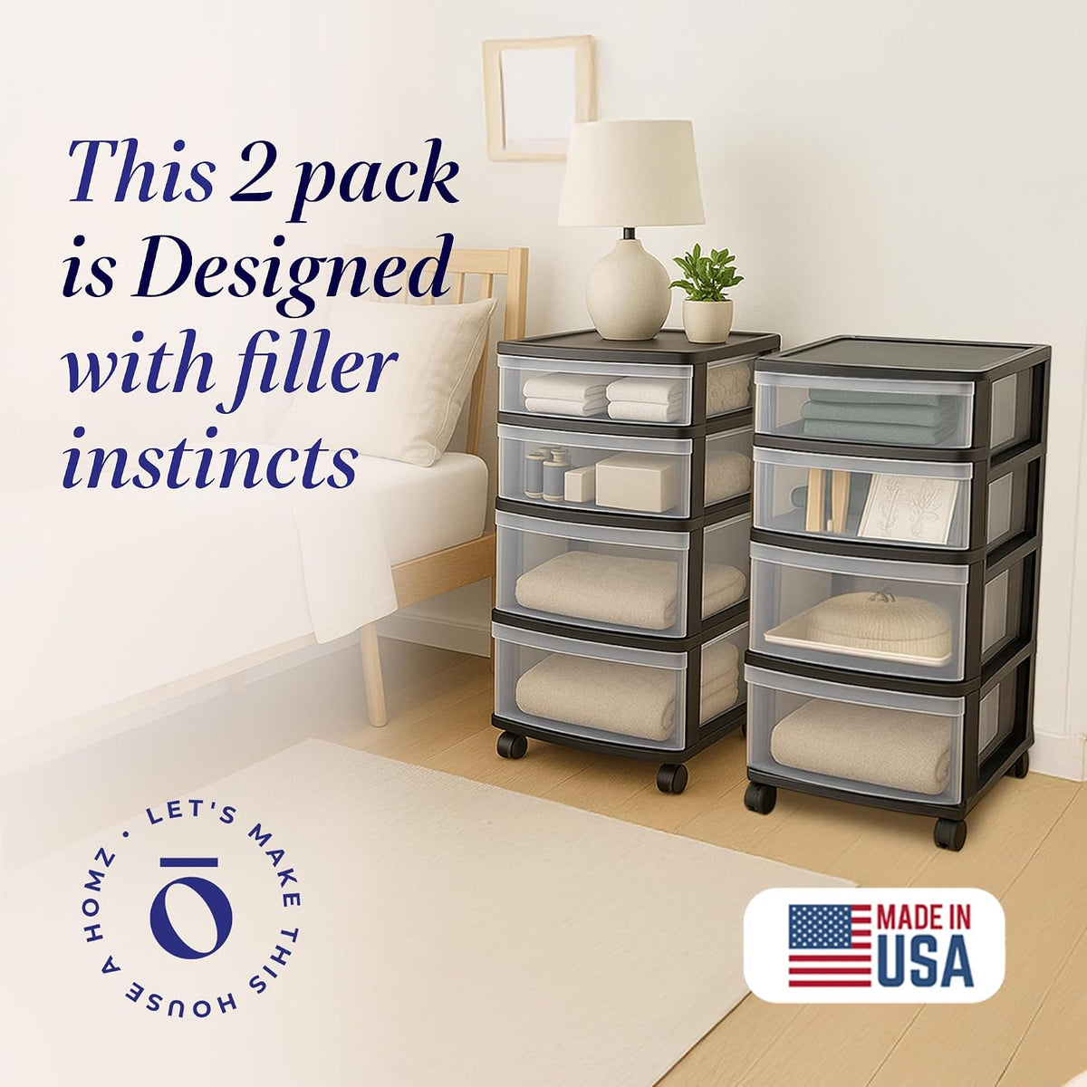 Drawer Tower, 4-Tier Storage Cart with Removable Wheels, Black Frame
