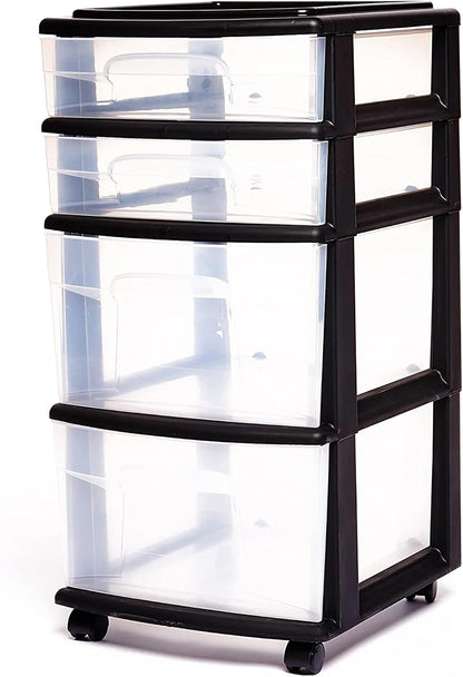 Drawer Tower, 4-Tier Storage Cart with Removable Wheels, Black Frame