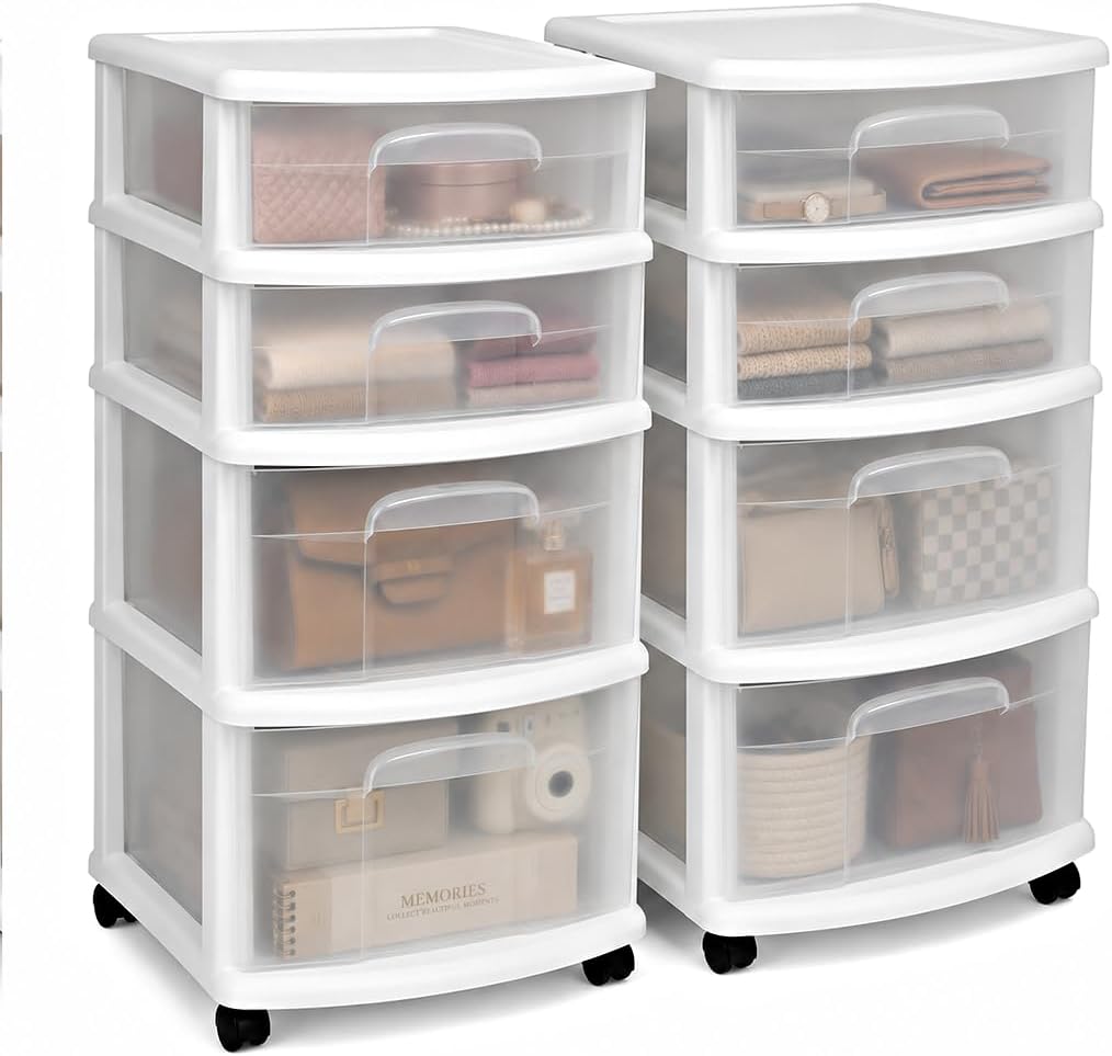 Drawer Tower, 4-Tier Storage Cart with Removable Wheels, Black Frame