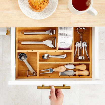 Drawer Organizer Tray - 8-Slot Drawer Divider for Utensils - Versatile Silverware Holder - Desk Tray for Office Supplies - 14 x 10 x 2 in, Brown, Bamboo