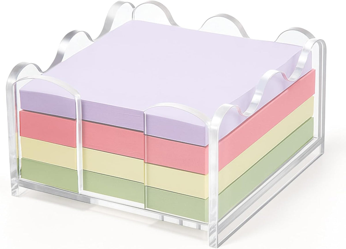 3x3 Inch Scalloped Acrylic Sticky Note Holder, Clear Cute Note Dispenser