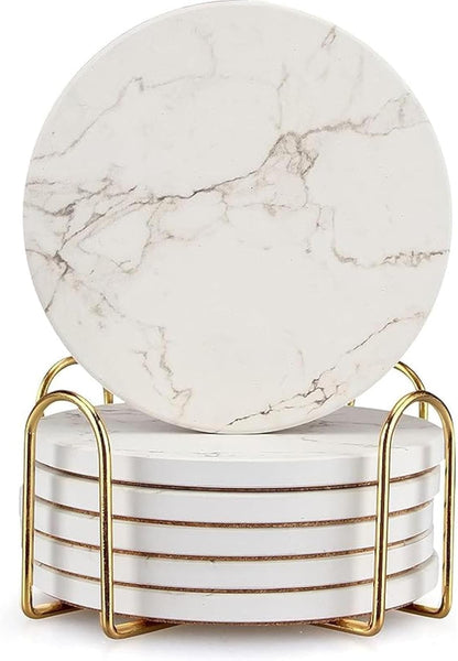 White Marble Coasters Set of 6 Absorbent Ceramic Cute Drink Coaster Holder