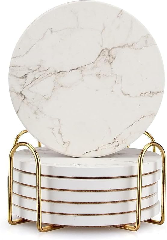 White Marble Coasters Set of 6 Absorbent Ceramic Cute Drink Coaster Holder