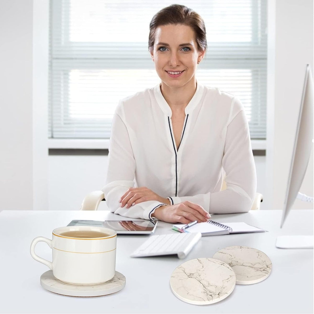 White Marble Coasters Set of 6 Absorbent Ceramic Cute Drink Coaster Holder