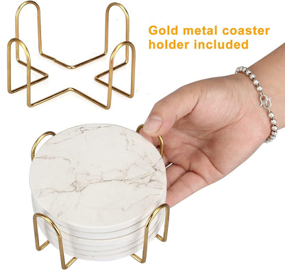 White Marble Coasters Set of 6 Absorbent Ceramic Cute Drink Coaster Holder