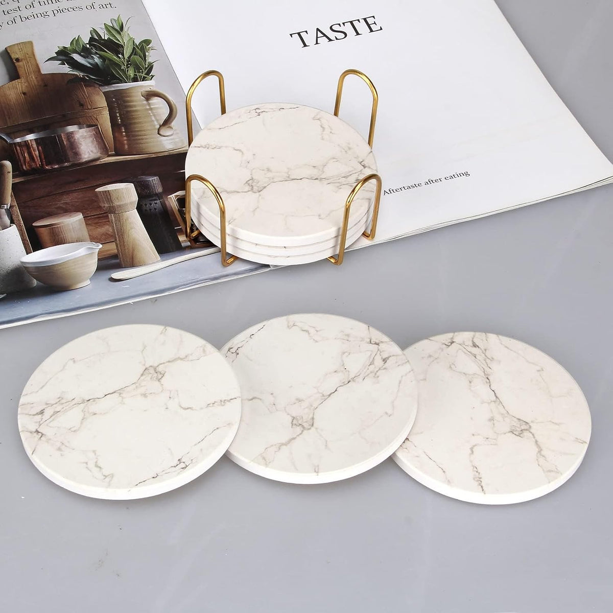 White Marble Coasters Set of 6 Absorbent Ceramic Cute Drink Coaster Holder