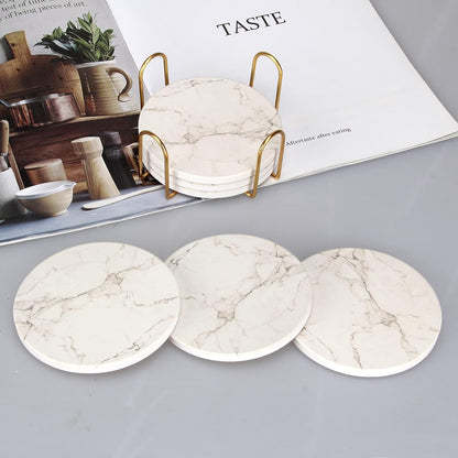 White Marble Coasters Set of 6 Absorbent Ceramic Cute Drink Coaster Holder