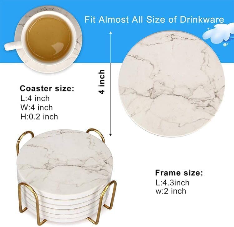 White Marble Coasters Set of 6 Absorbent Ceramic Cute Drink Coaster Holder