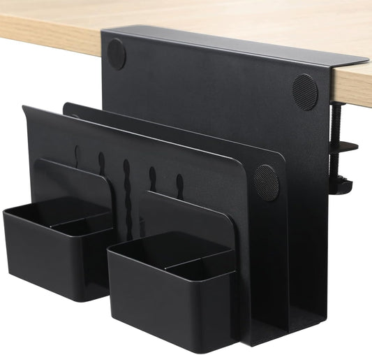 Desk Side Storage, Under Desk Laptop Mount, Table Side Hanging File Organizer, No Drill Clamp On Cable Management Tray, Laptop Holder with Magnetic Pen Holder for Office and Home, Load 22 Lbs