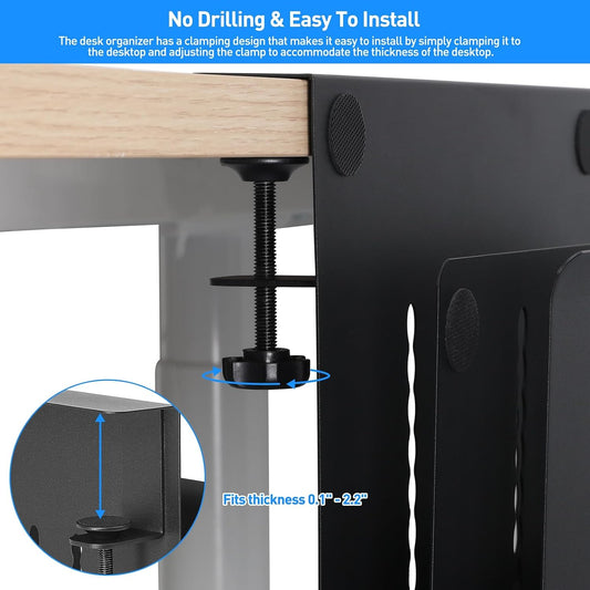 Desk Side Storage, Under Desk Laptop Mount, Table Side Hanging File Organizer, No Drill Clamp On Cable Management Tray, Laptop Holder with Magnetic Pen Holder for Office and Home, Load 22 Lbs