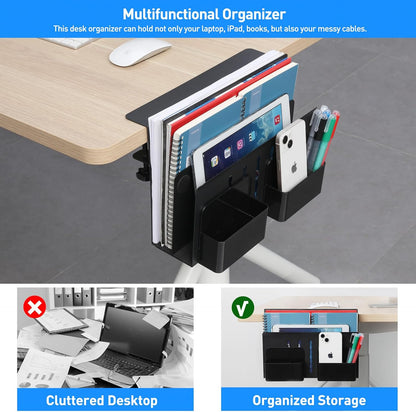 Desk Side Storage, Under Desk Laptop Mount, Table Side Hanging File Organizer, No Drill Clamp On Cable Management Tray, Laptop Holder with Magnetic Pen Holder for Office and Home, Load 22 Lbs