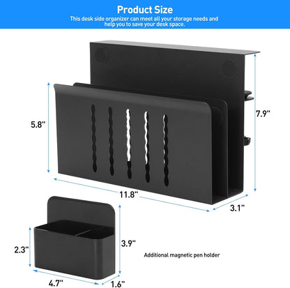 Desk Side Storage, Under Desk Laptop Mount, Table Side Hanging File Organizer, No Drill Clamp On Cable Management Tray, Laptop Holder with Magnetic Pen Holder for Office and Home, Load 22 Lbs