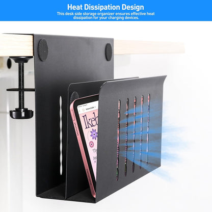 Desk Side Storage, Under Desk Laptop Mount, Table Side Hanging File Organizer, No Drill Clamp On Cable Management Tray, Laptop Holder with Magnetic Pen Holder for Office and Home, Load 22 Lbs